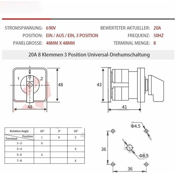Universaali 20A 3-asentoinen 8-napainen 690V kiertokytkin