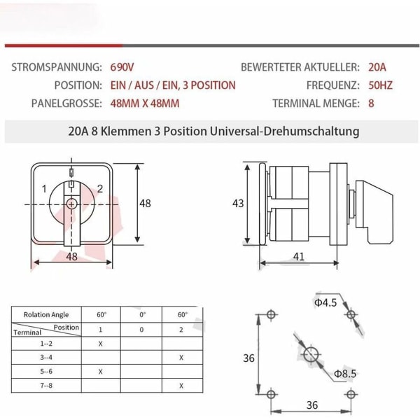 Universal 20A 3-posisjons 8-terminal 690V roterende kam bryter