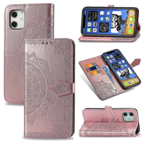 Case för iPhone 12 cover Case Embossing Mandala Magnetic Flip Protection Stötsäker - Rose Gold