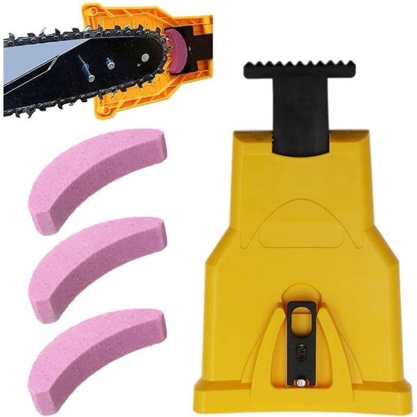 Motorsagkjede-slipemaskin, automatisk slipemaskin (1 stk.), utskiftbar slipestein (3 stk.), (gul)