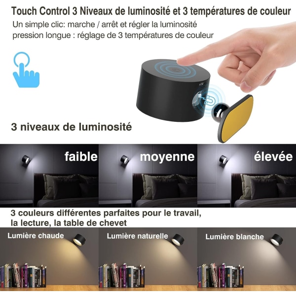 Vägglampa, LED-vägglampa med USB-laddningsport, 3 ljusstyrkor, 3 temperaturer, 360° roterbar sänglampa för sovrum