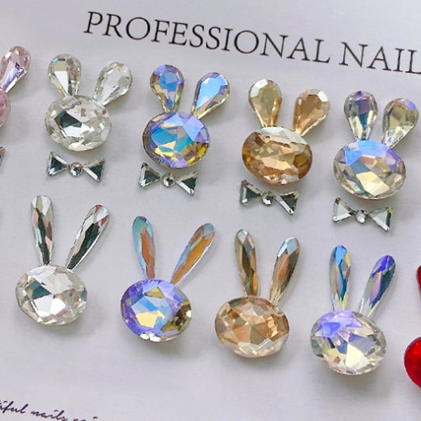 Sett med 3D påskehare-neglpynt, krystaller, kanin, diamanter, rhinestones, edelstener for akrylnegl-design, kvinners neglekunstdekorasjon, håndverkssmykker, gjør-det-selv.