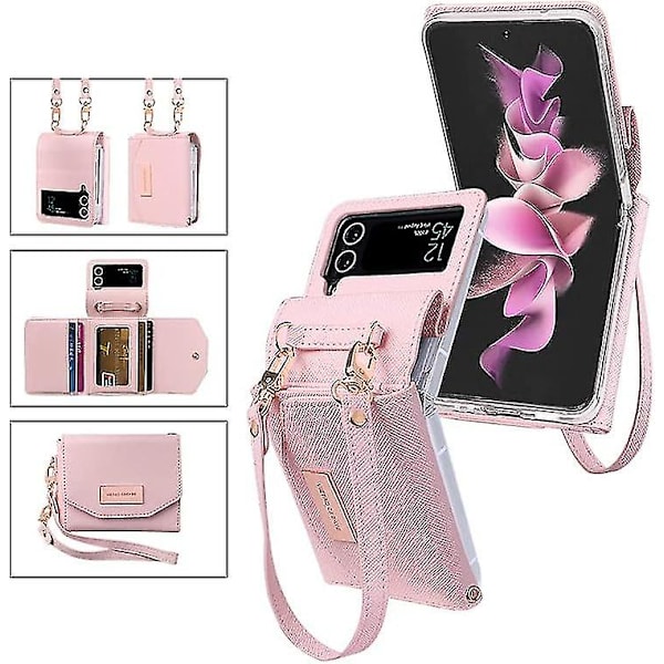 Läderfodral kompatibel med Samsung Galaxy Z Flip 5 med rem & korthållare & gångjärnsskydd, Z Flip 5-fodral