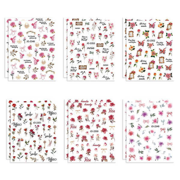 Blomster Nail Art Stickers Decals 12 Ark Selvklæbende Negle Stickers til Kvinder Piger Negle Dekorationer, 10 * 7,5cm