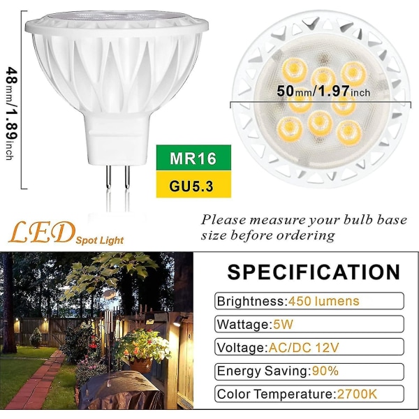 GU5.3 LED-lampa varmvit 2700k 450lm (motsvarande 50w) 38 strålvinkel 5w Mr16 12v LED-strålkastare ej dimbar, 6-pack