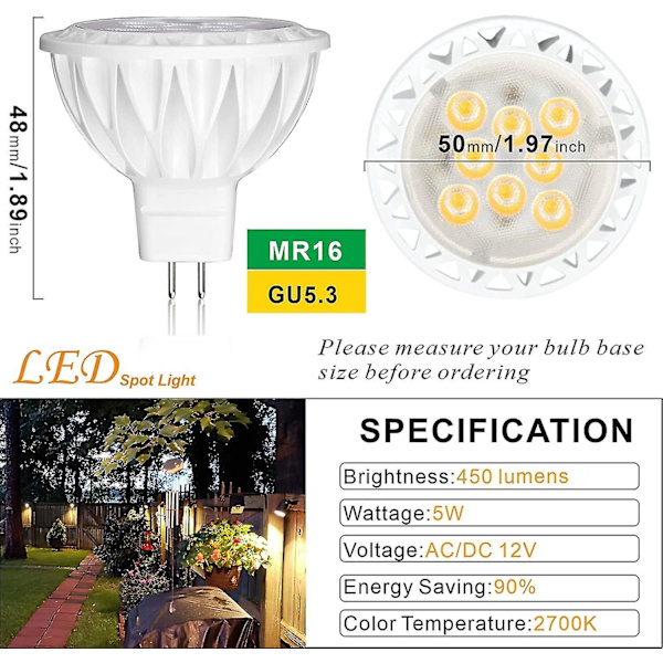 Gu5.3 LED-pære varm hvit 2700k 450lm (tilsvarer 50w) 38 strålevinkel 5w Mr16 12v LED-spotlight ikke dimbar, 6-pakning