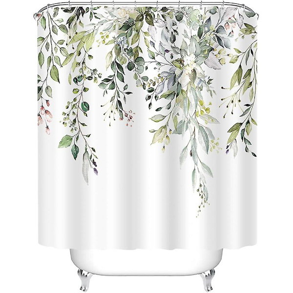 Grøn eukalyptus bruseforhængssæt akvarel blade på toppen floral badeværelse indretning 71x71 tommer
