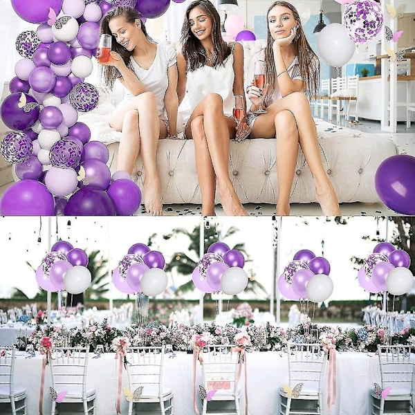 124 stykker lilla ballonger girlander bue sett hvitt lilla