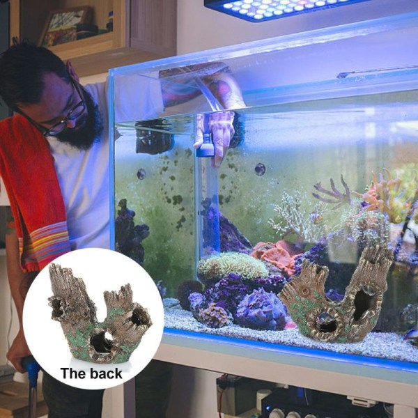 Akvariet er dekorert med et akvarielandskap og harpiks ornamenter