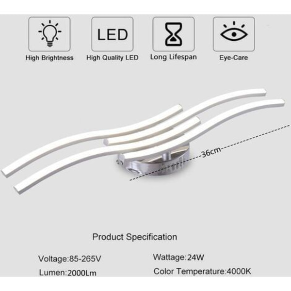 Bølgeformet LED-taklampe, 4000K nøytralt hvitt lys, 24W 2000 lumen integrert LED, moderne stue- eller kjøkkenlyskrone (nøytralt hvitt lys)