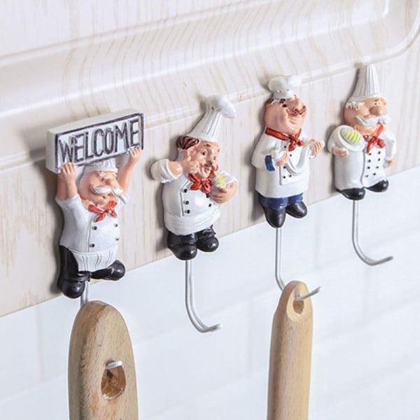 Pakke med 4 dekorative fransk kokkefigur vægkroge i harpiks