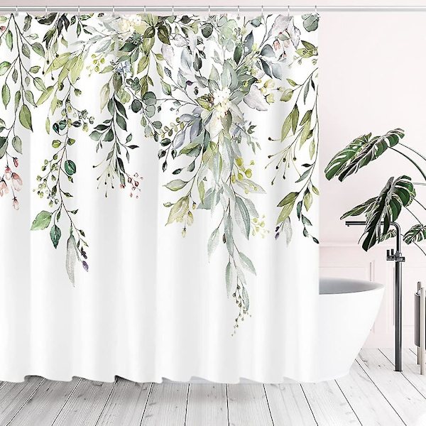Grøn eukalyptus bruseforhængssæt akvarel blade på toppen floral badeværelse indretning 71x71 tommer