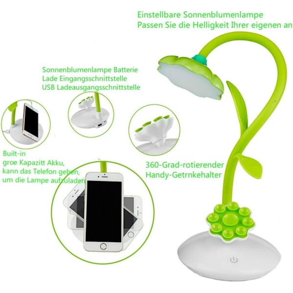 Grön LED-skrivbordslampa för barn, sänglampa med flexibel läslampa, touchsensor, USB-laddningsbar och 360° roterbar telefonhållare (grön)