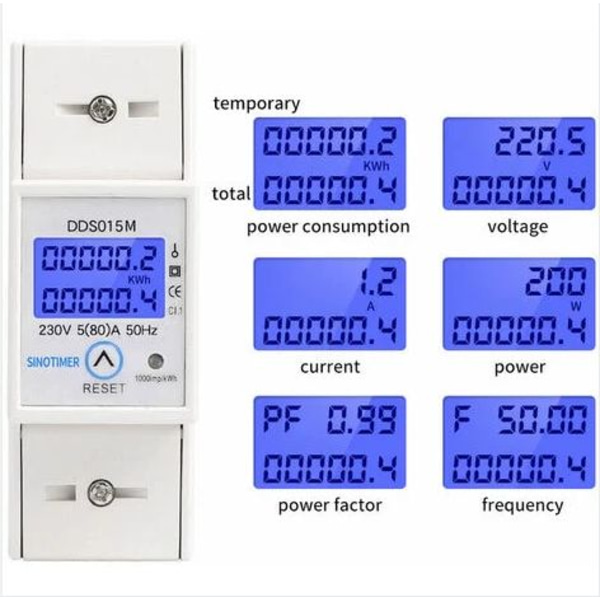 Energimätare, Elmätare, DDS015M Digital Display Watt Hour Meter Enfas Elmätare Kan Återställas 230V