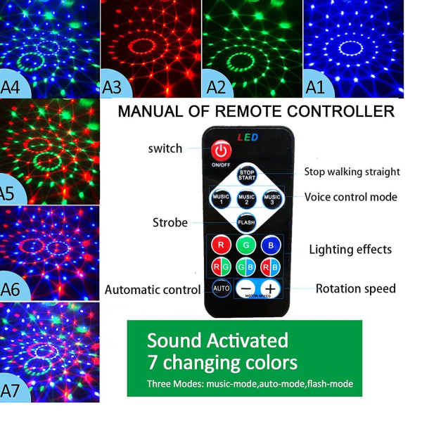 Scenelys, 5 farger, diskokule med fjernkontroll, 7 RGB LED-lys med fjernkontroll
