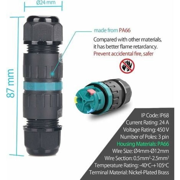 Pakke med 2 vandtætte kabelforbindelser IP68 ?9mm-?12mm TüV 3-polet udendørs elektrisk forbindelsesmuffe til have 2-vejs bund,