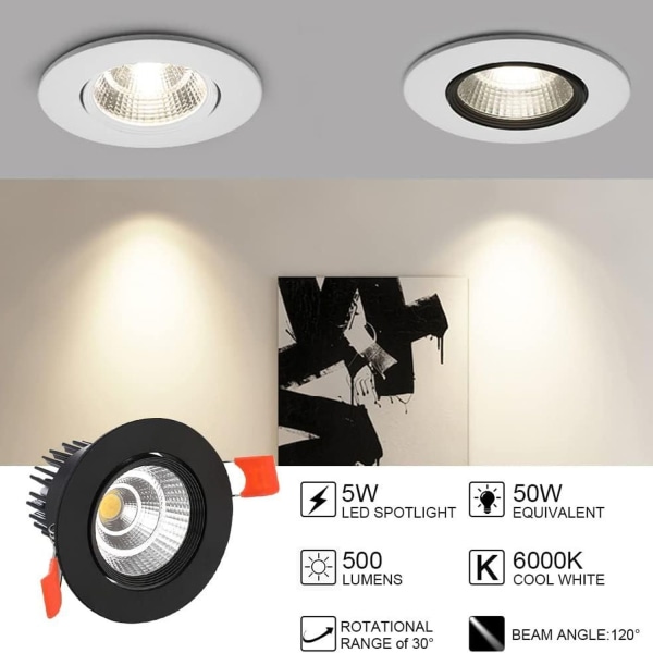 x LED downlights, 5W innfelt taklamper, varm hvit IP44 for bad, kjøkken, stue