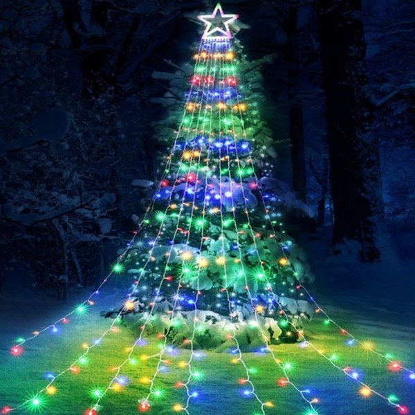 350 LED joulukuusen valoseppele tähdellä, 9*3,5 m värillinen puuvaloverho, 8 valaistustilaa, ulko- ja sisä joulukoristeet