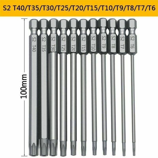 11 st 100 mm S2 1/4\" Torx skruvmejsel Hex Bits Precision Drill Magn