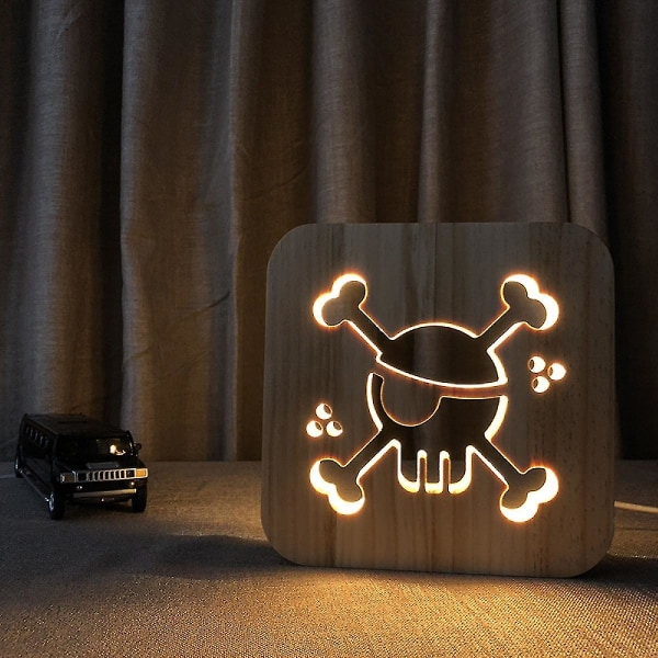 Pirat nattlys for barn Tre 3d lampe Kreative trelys Enkle dekorative lys 3d treskjæringsmønster Led nattlys til skrivebord
