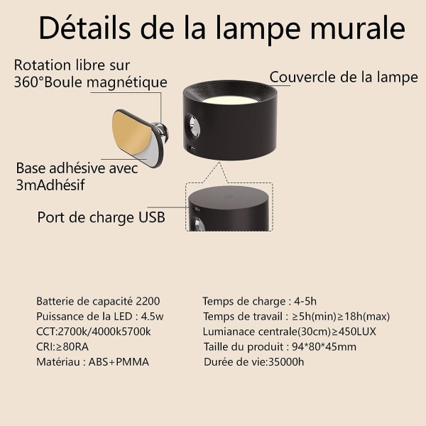 Vegglampe, LED-vegglampe med USB-ladeport, 3 lysstyrkenivåer, 3 temperaturer, 360° roterbar sengelampe for soverom
