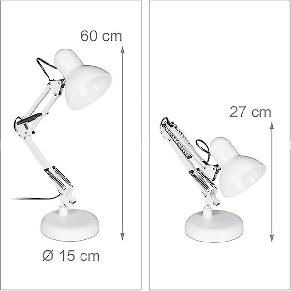 Retro lampe, fleksibel led arm, skrivebordslæselampe, metal, E27, HlP: 50x27x15 cm, hvid, plast, hvid, 1 [Energiklasse A++]