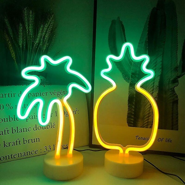 Neon natlampe med palme og LED-fod - Batteri eller USB-drevet til soveværelse, julefest (palmetræ gul + grøn-kokosnød)