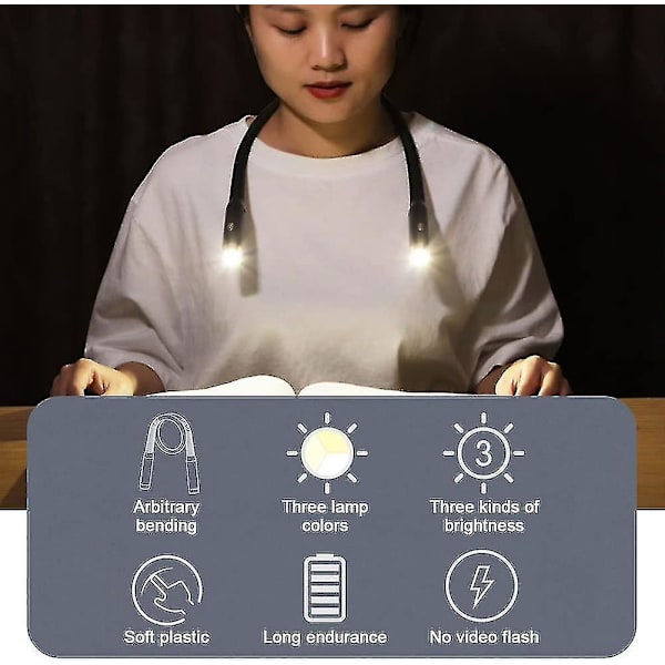 Led-kaulavalaisin, Hands-free-kirjavalo yölukemiseen, Usb-lataus (musta)