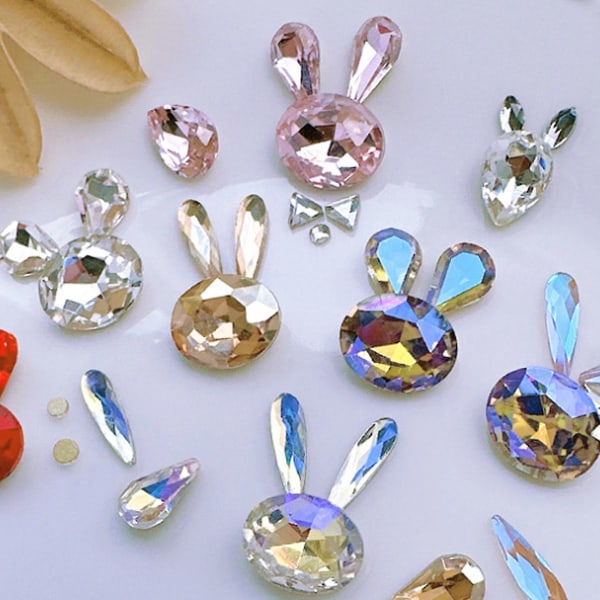 Sett med 3D påskehare-neglpynt, krystaller, kanin, diamanter, rhinestones, edelstener for akrylnegl-design, kvinners neglekunstdekorasjon, håndverkssmykker, gjør-det-selv.