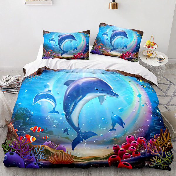 Dolphin 10 # 3d Hemtextilier Sängkläder Delfin Djurtryck Påslakan Tre Delar Lakan Set