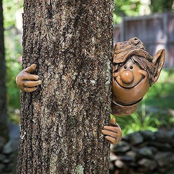 LDHBDS Hage Statue, Elf Boy Statue Utendørs Tree Hugger Resin Hage Figur Figur Utendørs Dekorasjon Ornamenter, Tree Faces Peeker Art Figurine
