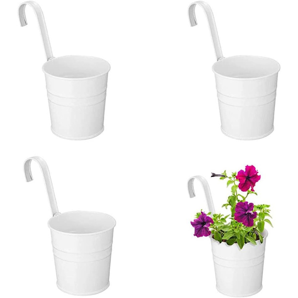 Metallblomsterpotter, 4 stk. Hengepotter, Hengemetallblomsterpotter, med krok, for hengende utendørs balkonghage landsteddekorasjon (hvit)