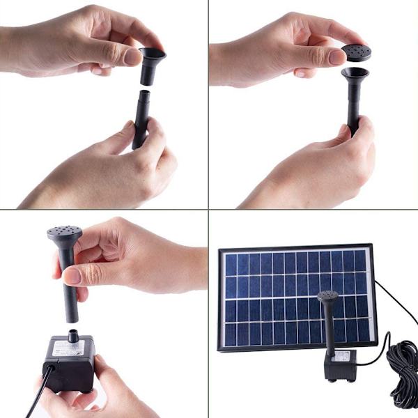 Aurinkokäyttöinen vesipumppu suihkulähteeseen, 6,0 W - 500 L/H puutarhaan, lampiin, uima-altaisiin ja ulkotiloihin - 6 suutinta mukana (aurinkoenergia)