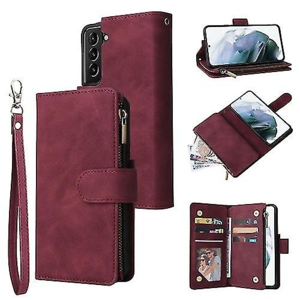 För Samsung Galaxy S22 Ultra 5g multifunktionellt case med kortplats & hållare & dragkedja Plånbok & fotoram