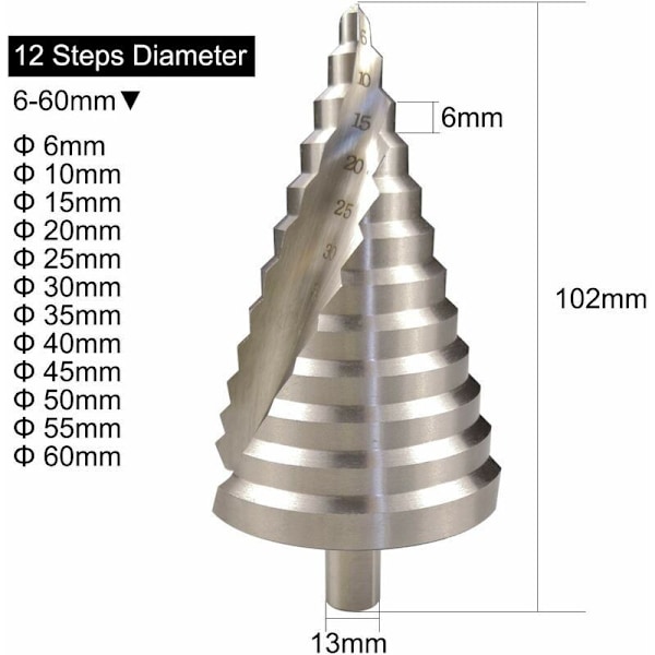 HSS stegborr 6-60mm spiralformad konisk slits 12 steg försänkning för skruvning