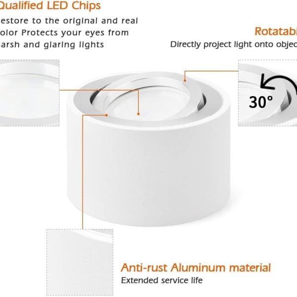 Justerbar LED påbygningsspot ?80x50mm loftslampe rund hvid overflademonteret