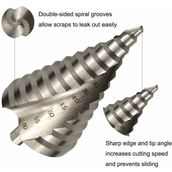 HSS trinnbor 6-60mm spiral avsmalnet spor 12 trinn senk for skruing