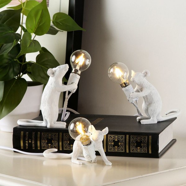 Gold Resin Table Lamp, Nordic Style, With Rat Mouse, Cute Small Led Lamp, Night Light, Home Decor, Office, Bedside--White A