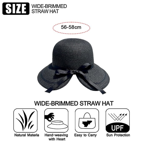 56-58cm Hatt Omkrets, Sløyfe Halmhatt Dame Sommer Strand Halmhatt Solhatt Med Stor Bremm Split Solhatt