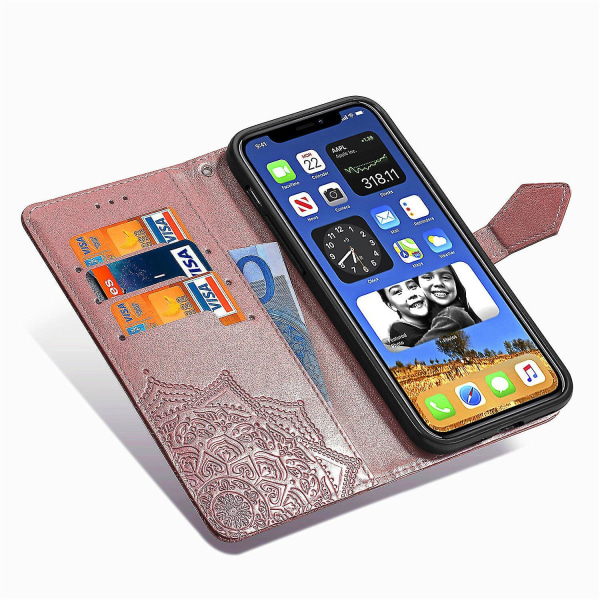 Case iPhone 12:lle Cover Nahkainen Case Kohokuviointi Mandala Magneettinen Flip Protection Iskunkestävä - Rose Gold