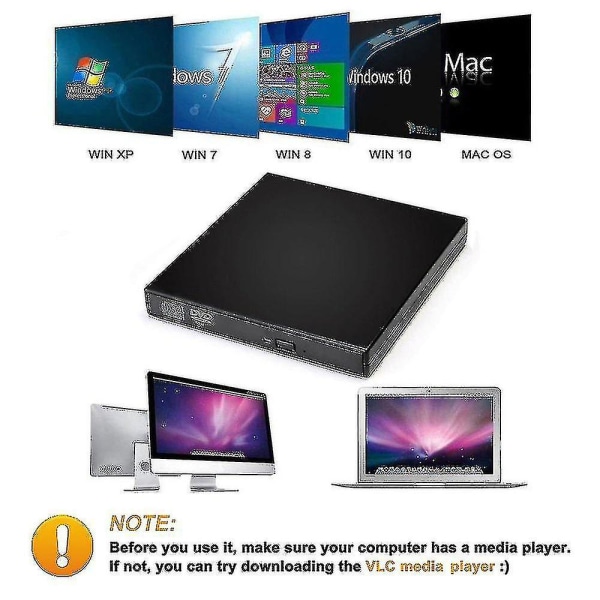 Ekstern CD-DVD-drev, USB 2.0 Slim bærbar ekstern Cd-RW-drev DVD-RW-brænder-skriverafspiller til bærbar computer, sort