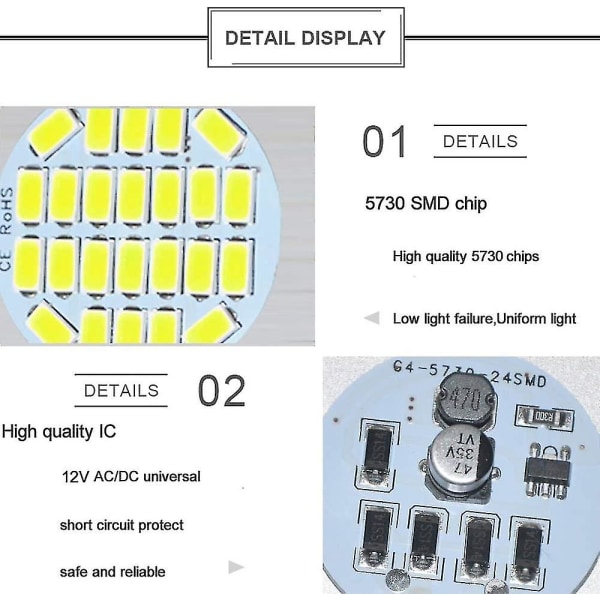 G4 LED-pære 3w, AC/DC 12v, 400 lumen, ikke-dæmpbar, sidepin LED G4 24 Smd, svarende til 30w halogenpære, ultrahvid 6000k, 120 strålevinkel