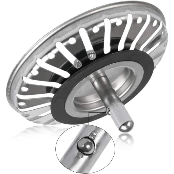 2 stk. vaskefilter/vaskepropper til køkken/badeværelse, 84 mm diameter med kuglespids, rustfrit stål
