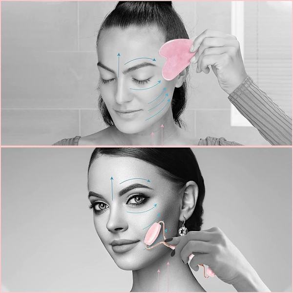 Rosenkvarts ansiktsrulle och Gua Sha skrapa set Lovelyface, 100% naturlig sten, He
