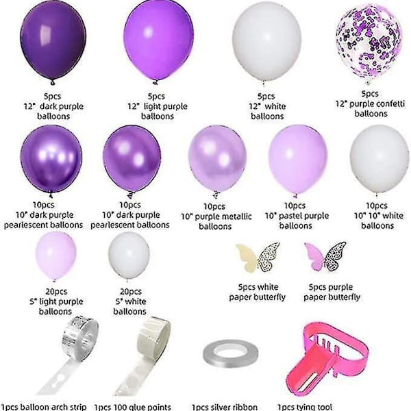 124 stykker lilla ballonger girlander bue sett hvitt lilla