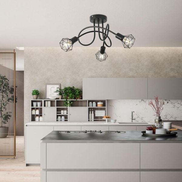 Industriell taklampe med 3 spots i svart metallbur - retrobelysning for kjøkken, stue, soverom
