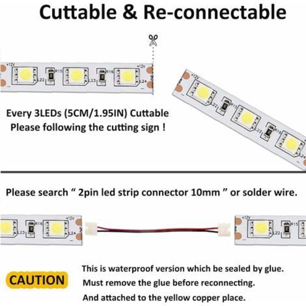 12V LED-stripe, kald hvit 6500K, 5 meter fleksibel 300 LED 5050 SMD IP65 vanntett LED-stripe [Energiklasse A]