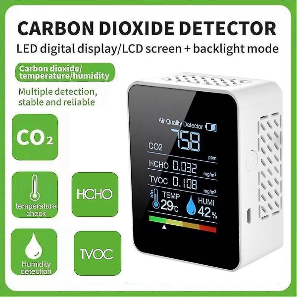 Multifunktionel 5-i-1 CO2 Digital Måler Temperatur Fugtighedsmåler Kuldioxid TVOC HCHO Detektor Luftkvalitetsmonitor