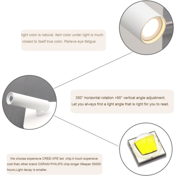LED-væglampe, læselampe ved sengekanten, 12W LED-væglæselamper, justerbar spotlight ???3W + 9W 3000K varmt hvidt lys (firkantet)