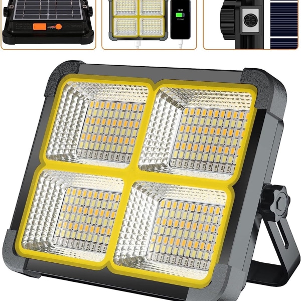 Uppladdningsbar LED-spotlight 336 lysdioder/ 100 W/ solpanel/ 4 ljuslägen/ 12000